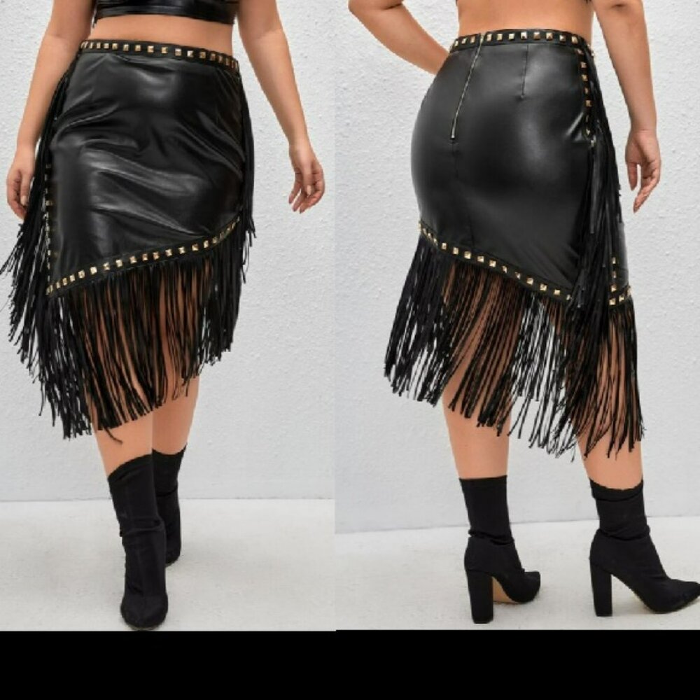 NWT ChiChi Brewer  Black Gold Studded Fringe Trim Faux Leather Skirt Sz 1X